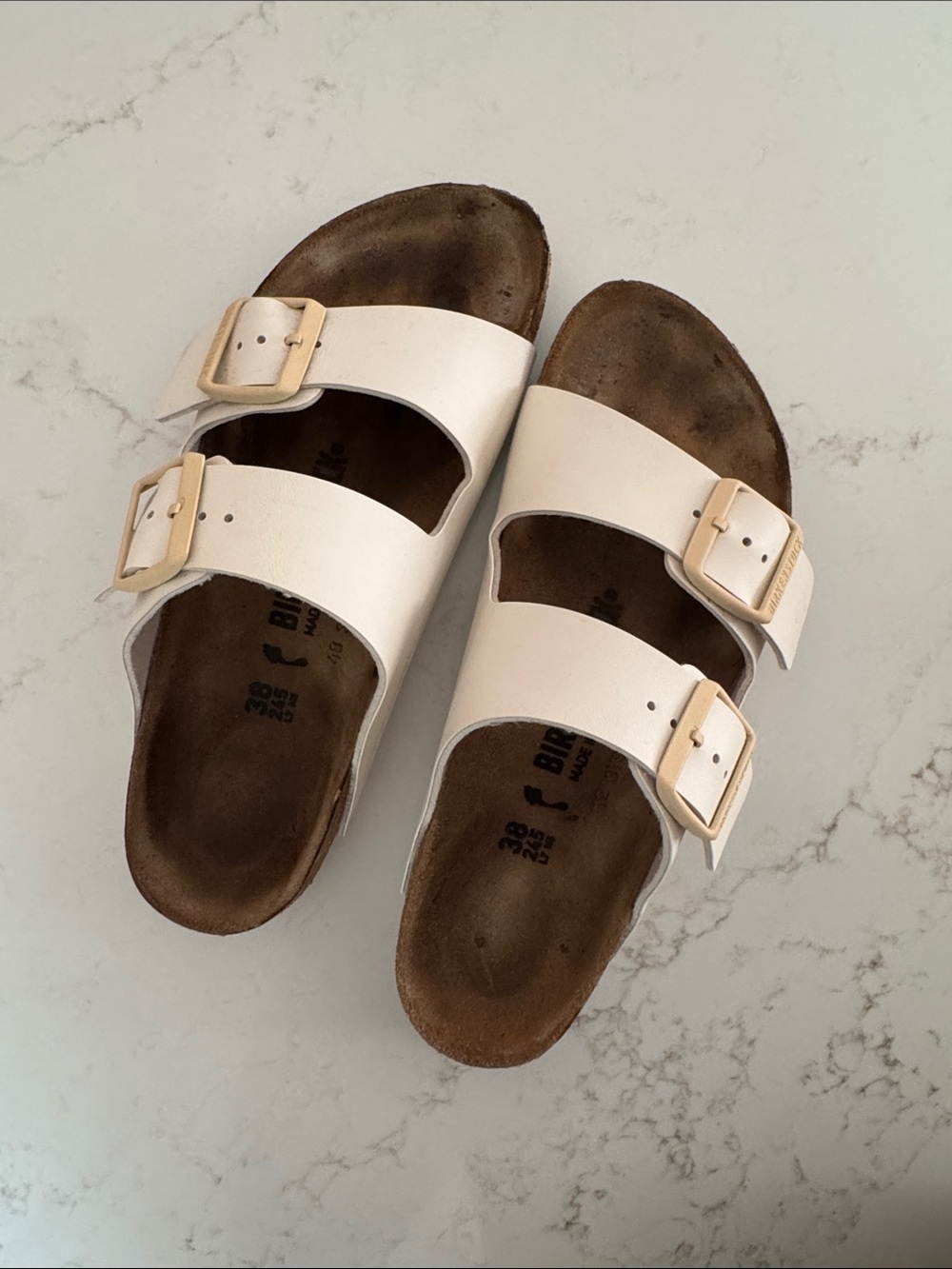 Birkenstock Cream Double-Band Arizona Sandals with Pale Gold Buckles